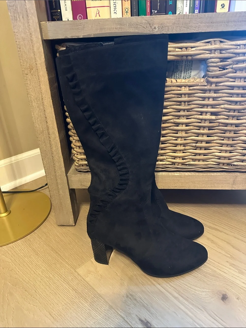 Black Over-the-Knee Suede Boots with Ruffle Detail